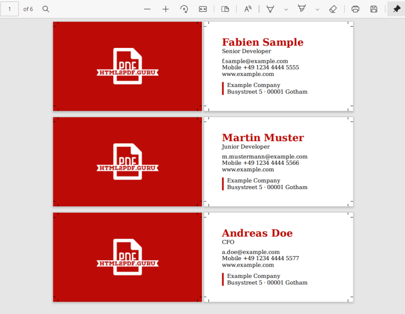 Business Cards, three times the same HTML rendered with the passed data.