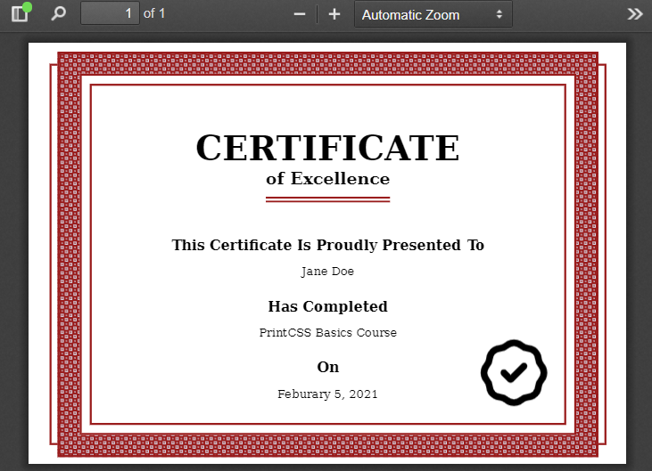 The final certificate PDF made with HTML & CSS and rendered with WeasyPrint.